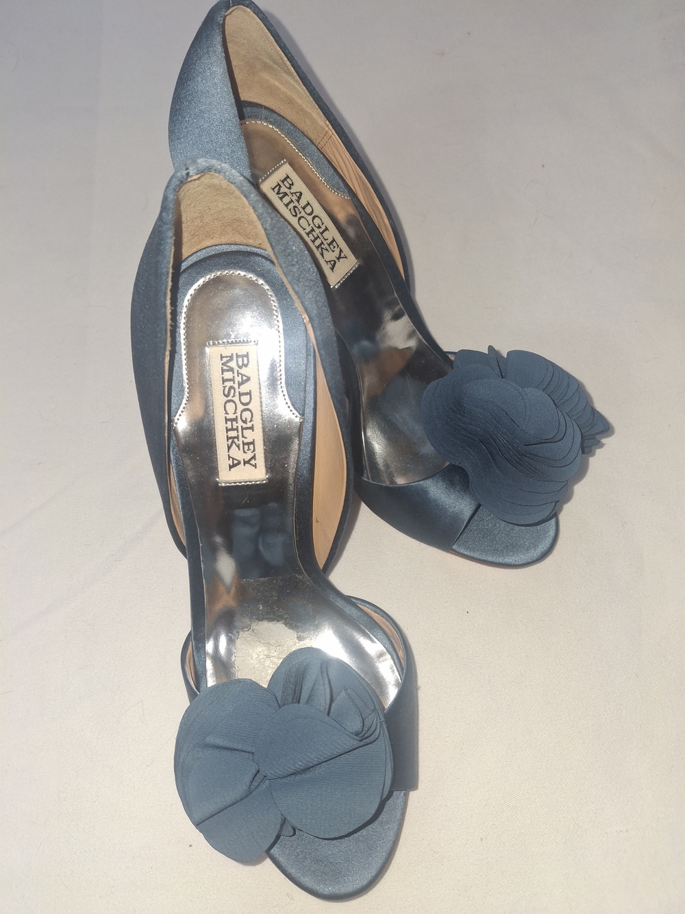Badgley Mischka Slate Blue Satin Peep-Toe Heels with Floral Rosette